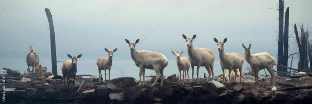 Group of gazelles on the mountaintop resting on ruins, Decay and garbage.