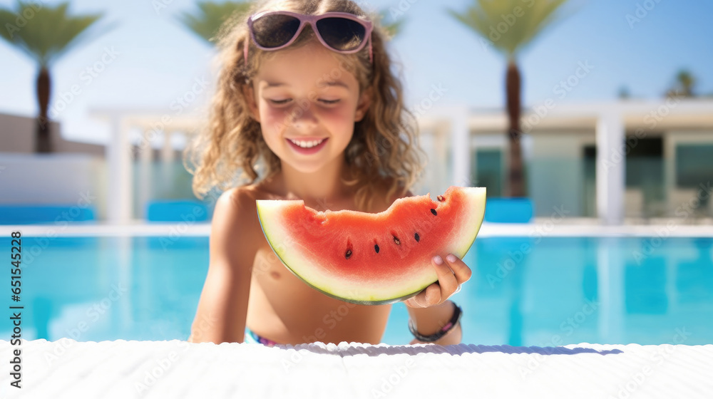 Girl eating watermelon near the pool in a hot summer day.