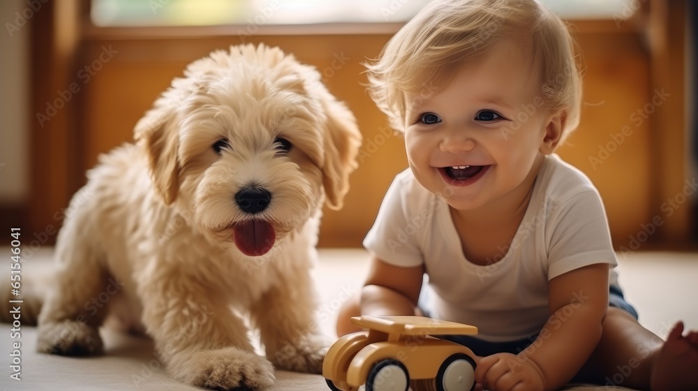 Little young baby playing with his dog puppy and car toys at home.