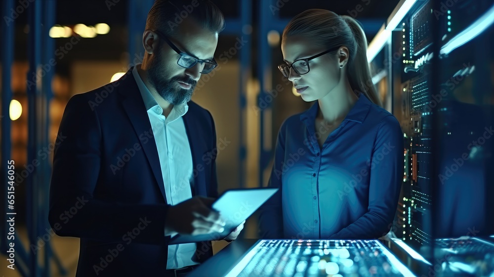 Two IT man and woman using a digital tablet while working in a data centre, Professional computer engineers, Developers and programmers planning data coding interface for mainframe.
