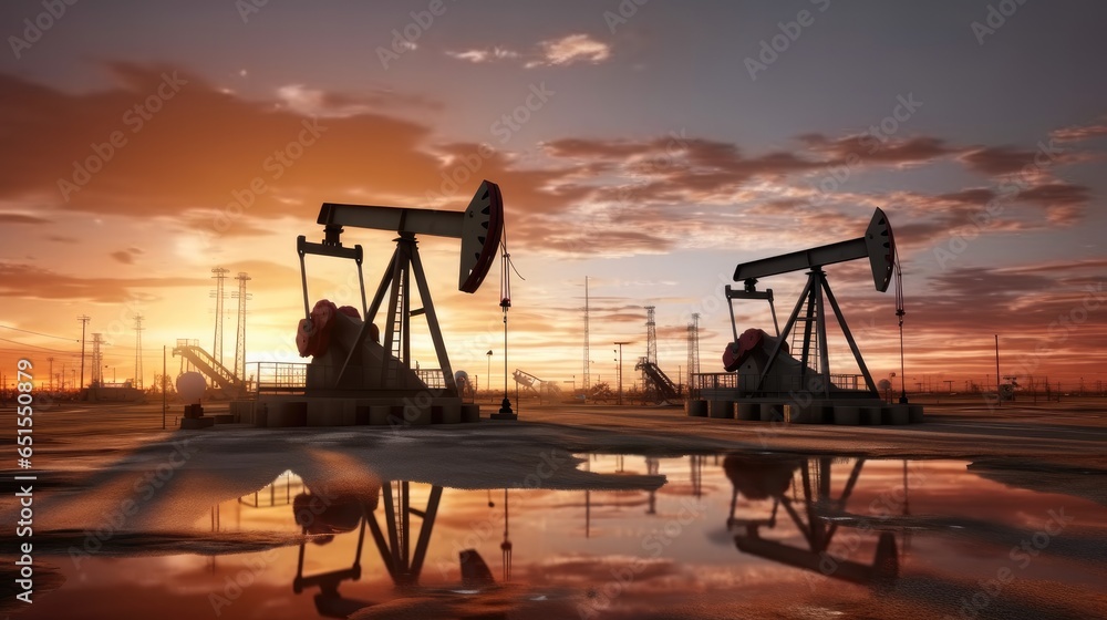 Oil pump on a sunset background, Drilling derricks from oil field silhouette, World Oil Industry.