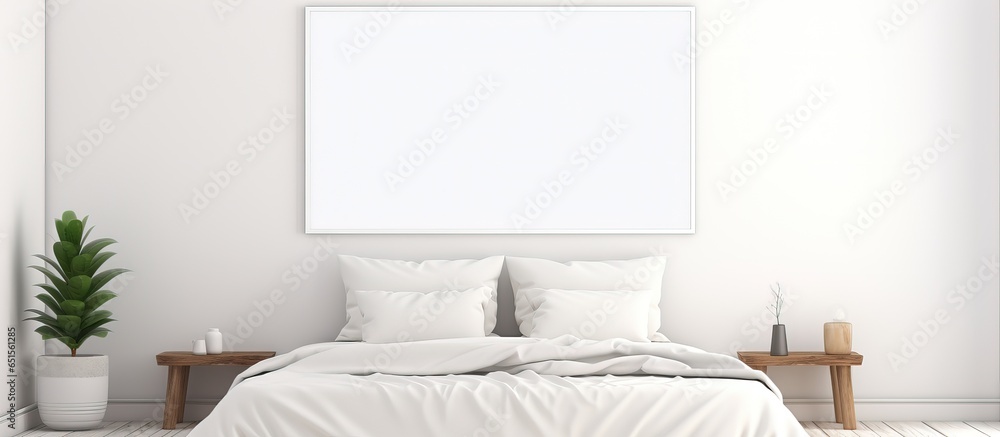 White bedroom with empty wall or frame for artwork