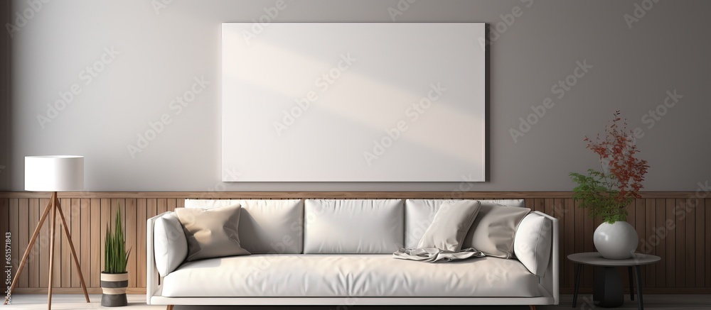 Rendered illustration of a luxurious living room with a wall mounted mockup photo frame and stylish furniture