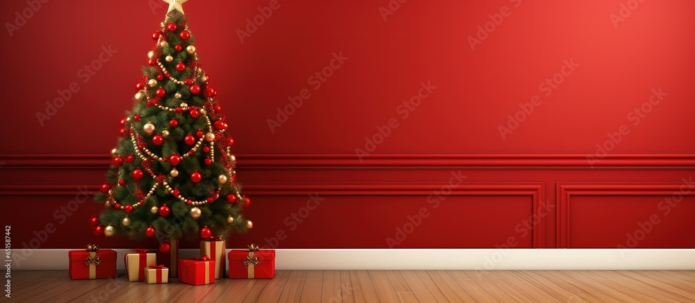 Colorful Christmas tree in room with red carpet adorned with numerous gifts New Year festivities