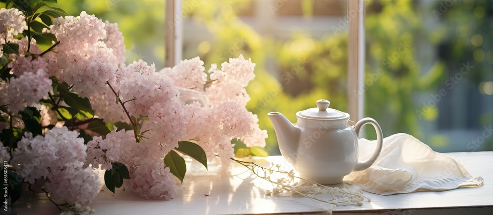 Morning concept with teapot tea and basket of white lilacs on windowsill