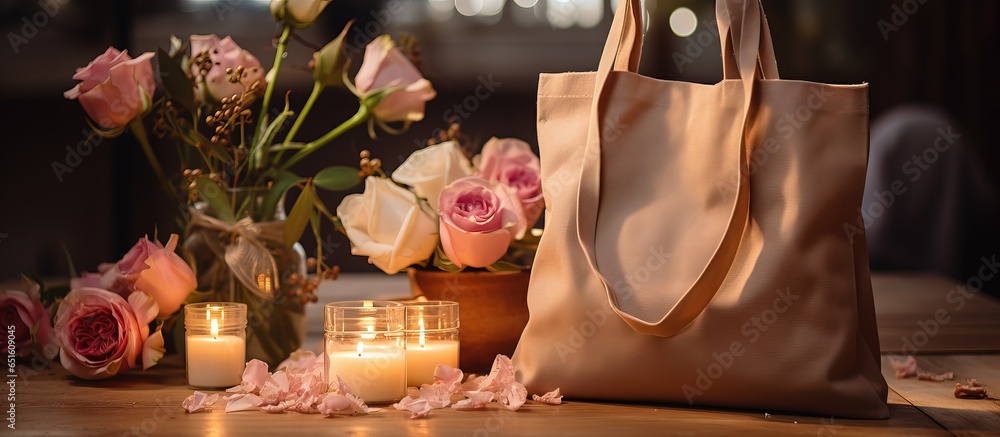 Attractive candles bag and flowers arranged on a table at home