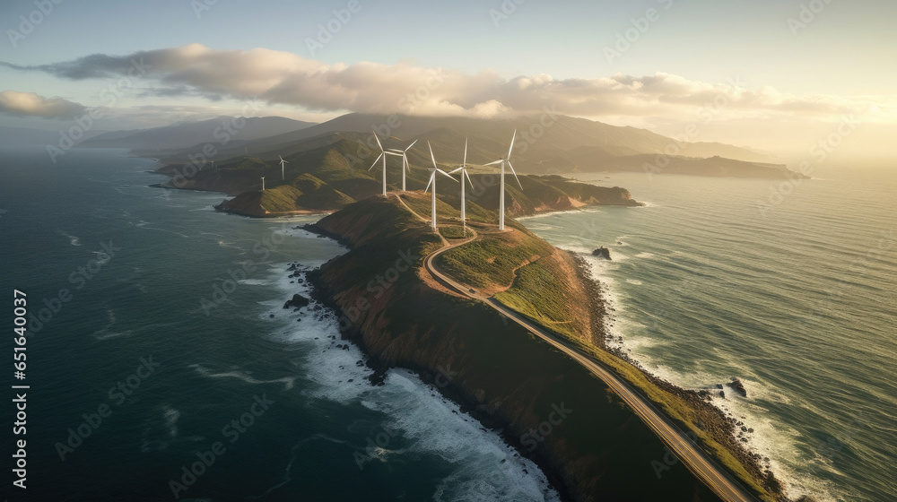 Aerial view of windmill park in the ocean with wind turbine. Generative Ai
