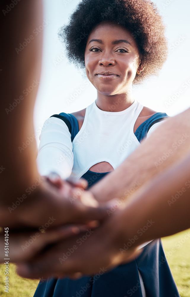 Cheerleader team, hands together and portrait of happy woman in sports competition support, dance cooperation or routine. Cheerleading, group solidarity and dancer teamwork, unity or commitment trust