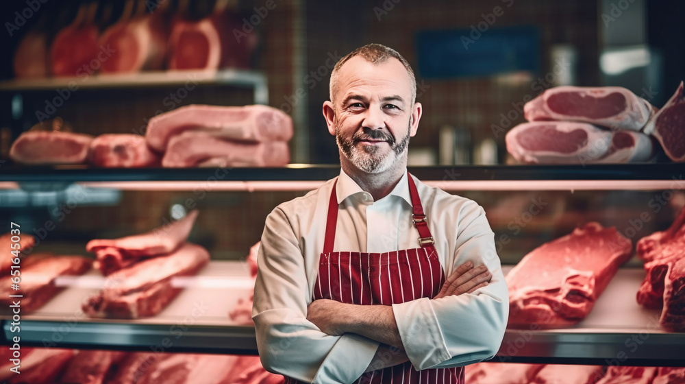Portrait of A happy butcher standing with arms crossed in modern meat shop. Generative Ai