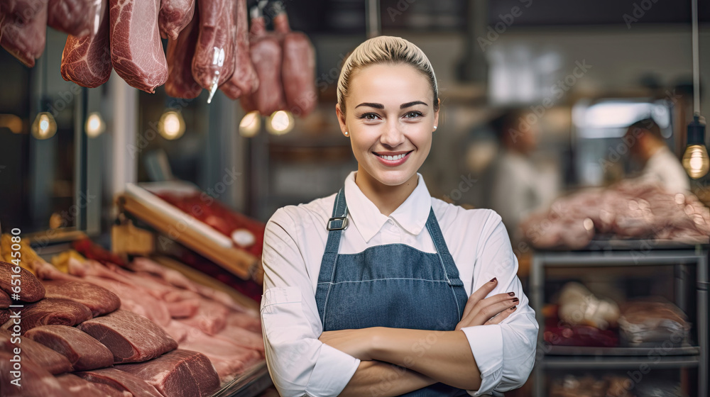 Portrait of A happy female butcher standing with arms crossed in modern meat shop. Generative Ai