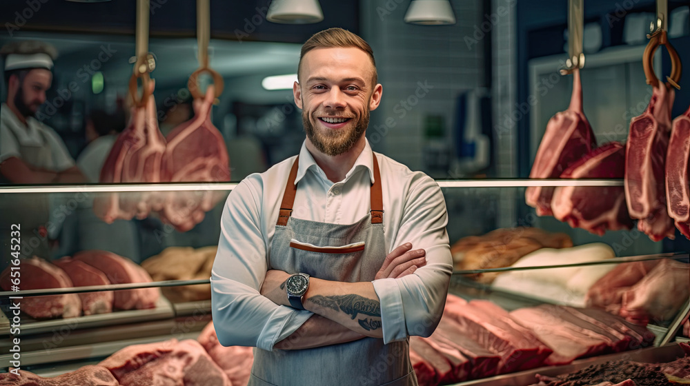 Portrait of A happy young male butcher standing with arms crossed in modern meat shop. Generative Ai
