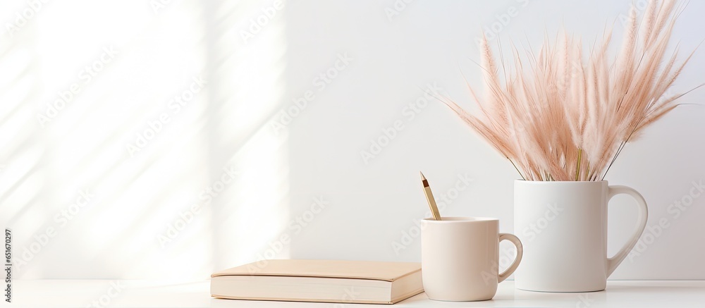 Minimal office interior design with aesthetic elements including a white table against a white wall adorned with a mug notebook and a floral bouquet of pampas grass Depicting a work from hom