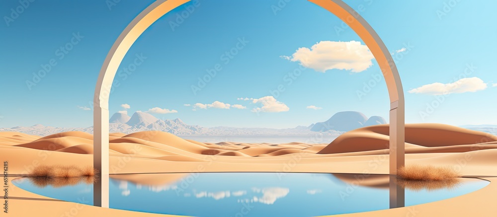 Minimalist wallpaper featuring abstract desert landscape with sunny sky yellow sand dunes mirrored water and geometric glass arches
