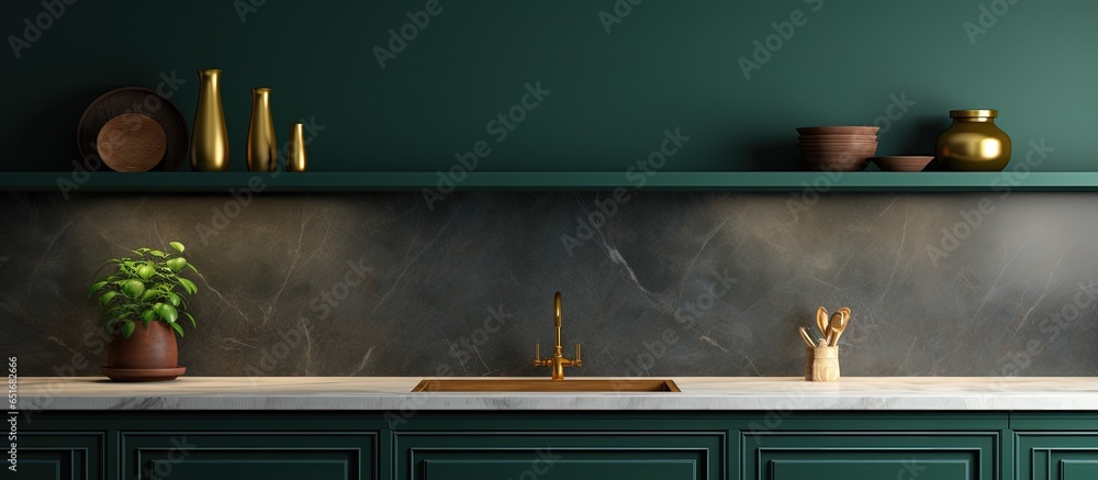 Minimalist design a dark green kitchen with cupboards double sinks and a marble island