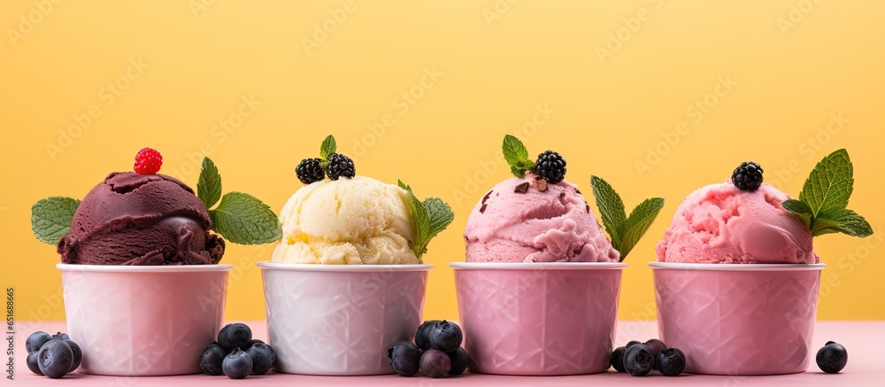 Frozen yogurt or ice cream with lemon mango and blueberries a healthy summer dessert displayed on a pink background with copy space