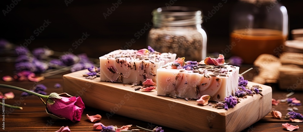 Handcrafted spa soap bars featuring natural organic ingredients and adorned with dried herbs oats and rose blossoms on a vintage wooden backdrop Ideal for luxurious spa treatments and nouri
