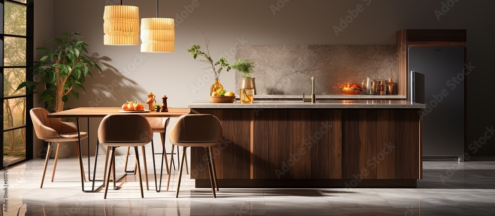 Luxury modern dining table island with marble top high chairs and kitchen counter in a stylish beige interior with hidden lighting cabinets and cupboard on a marble floor for interior design