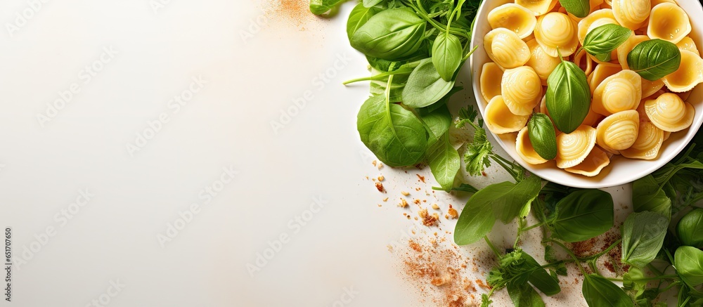 Healthy vegetarian and vegan Italian pasta dish Orecchiette with turnip greens in top view