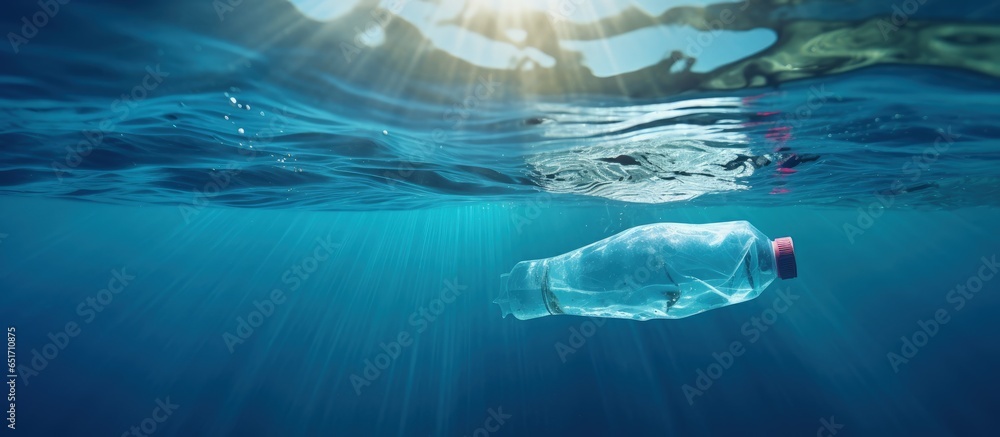 Plastic pollution problem Discarded plastic bottle drifting under surface of blue water in sunlight adding to ocean pollution