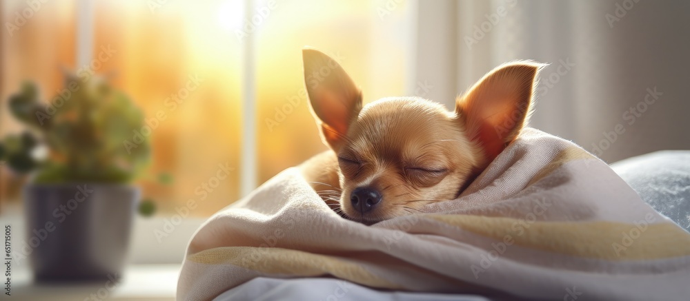 The chihuahua is peacefully sleeping on a cozy bed in the morning sunlight enjoying a lazy weekend