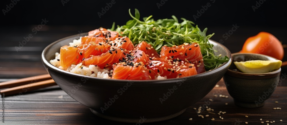 Restaurant table with side view of poke bowl