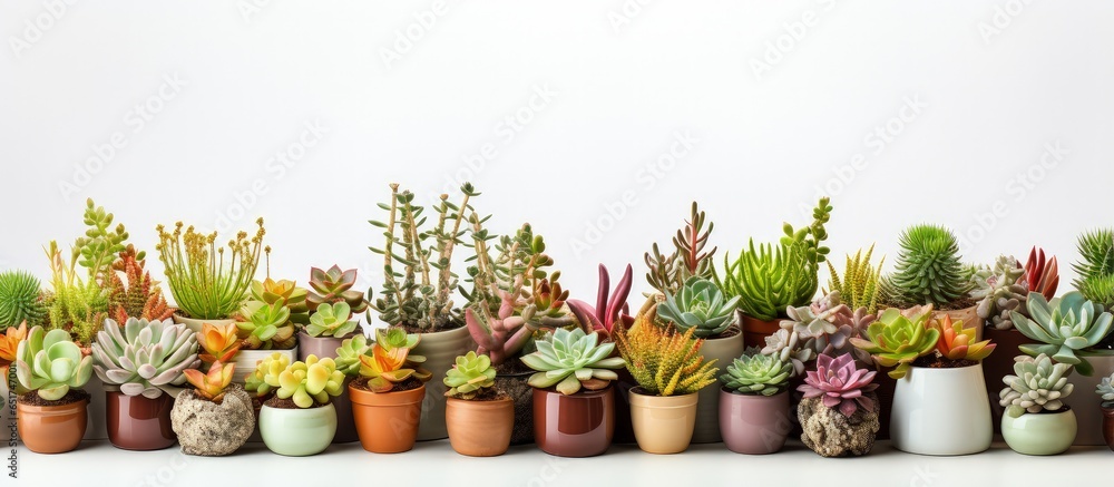 Hipster pots containing various plants including cacti decorate a modern home garden against a white wall