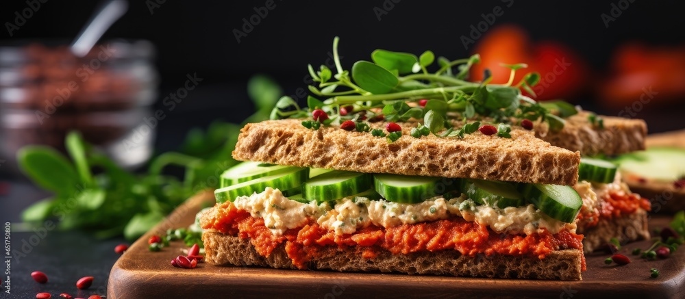 Vegan sandwich with veggies and vegan cheese on a wooden board Healthy snack diet vegan concept