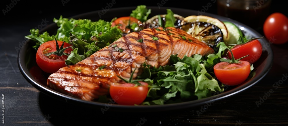 Healthy Mediterranean diet includes grilled salmon fillet and fresh tomato salad with lettuce arugula broccoli and green beans