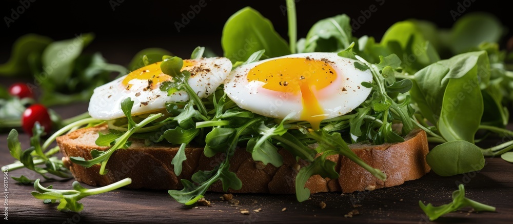 Healthy breakfast or snack avocado and egg on toasted bread with arugula