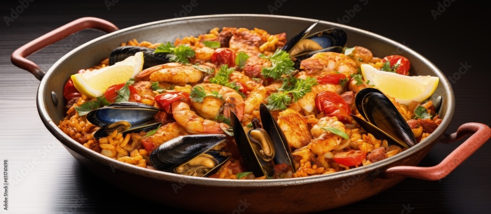 Culinary recipe concept top down view of ready to eat Spanish paella in a special pan