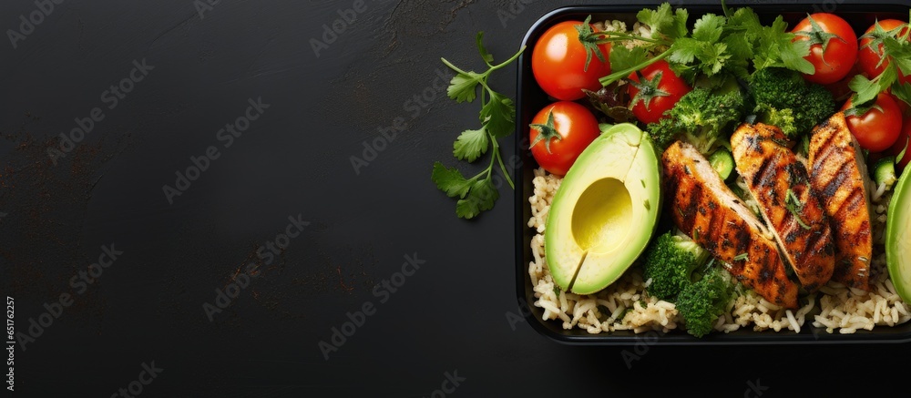 Overhead shot of meal prep containers with healthy ingredients and space for text