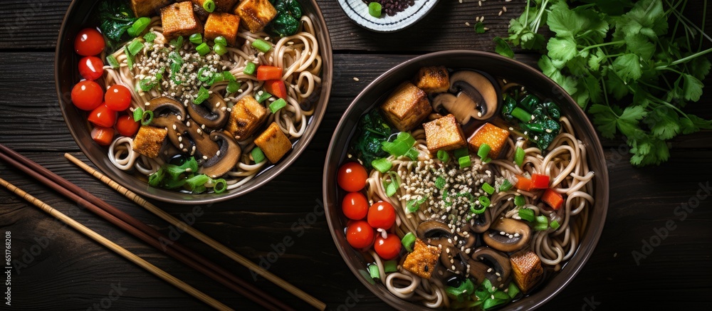Vegetarian soba noodle soup with vegan protein sources like mushrooms tofu and kale garnished with sesame seeds and chives presented from a top down perspective
