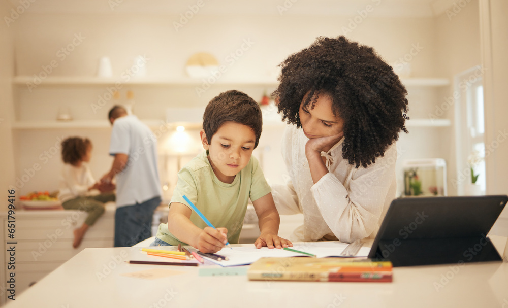 Mom, child and writing in home education, e learning and family support or creative development in kitchen. Interracial mother, parents and kid drawing or color in book for online school and teaching