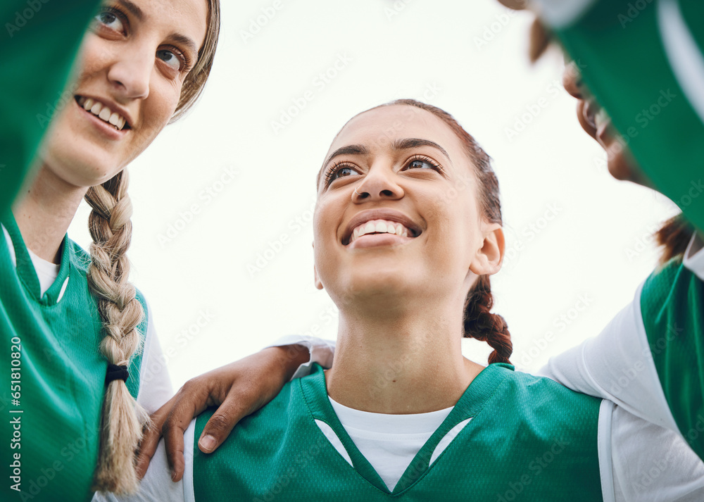 Happy, team and women huddle in sports, game or conversation on field for match advice in soccer competition. Football player, group and support together in exercise, workout or training circle