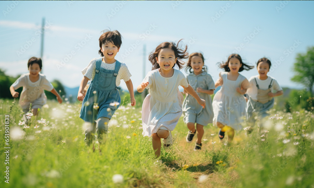 Group of happy little asian kids running on green summer field with Blue sky background.