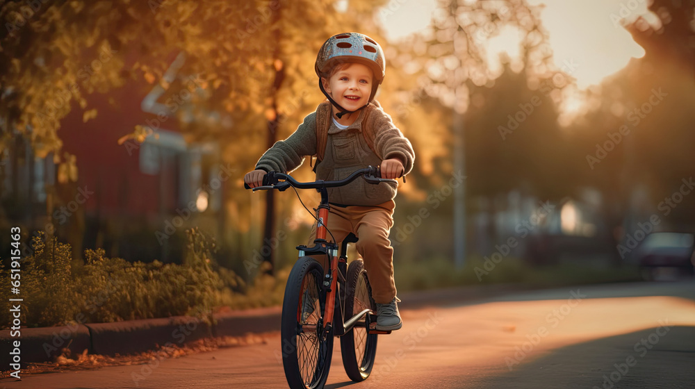 A cheerful child boy riding a bicycle for the first time. Generative Ai