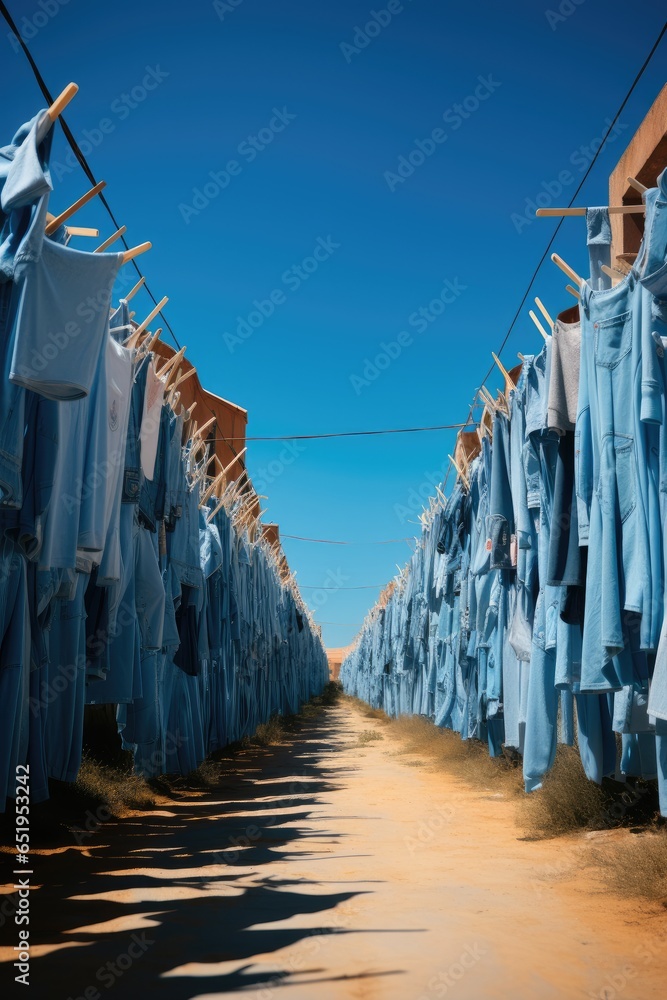 Laundry line with jeans and denim jackets swaying in the wind.