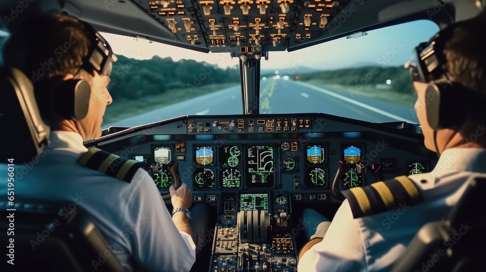 Two pilots in the cockpit of a modern passenger jet aircraft.