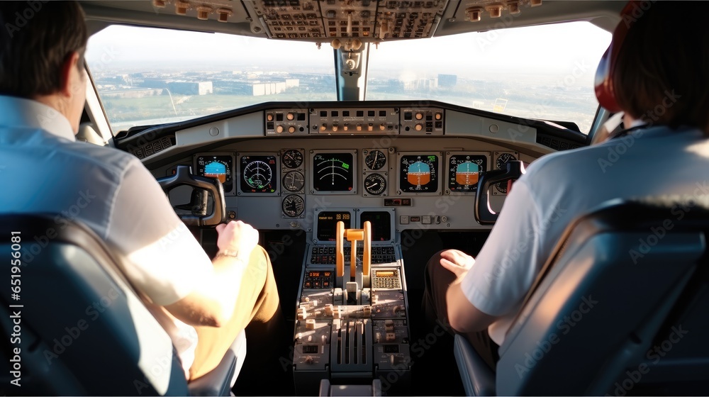 Two pilots in the cockpit of a modern passenger jet aircraft.