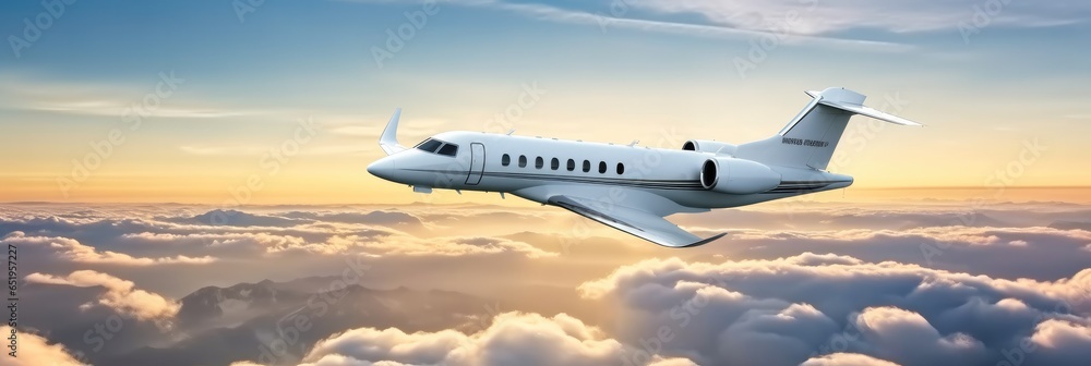 Private Jet fly in the cloud blue sky.