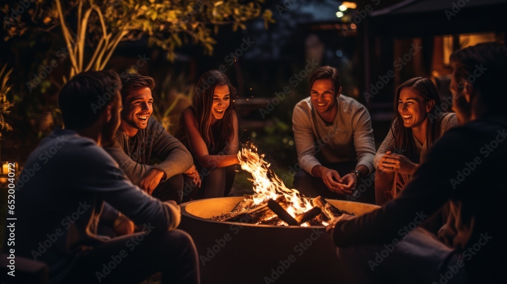 Friends roasting marshmallows by fire pit