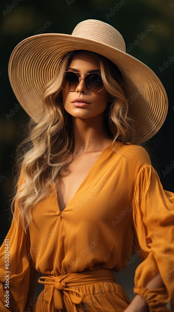 Fashionable woman in oversized hat and sunglasses