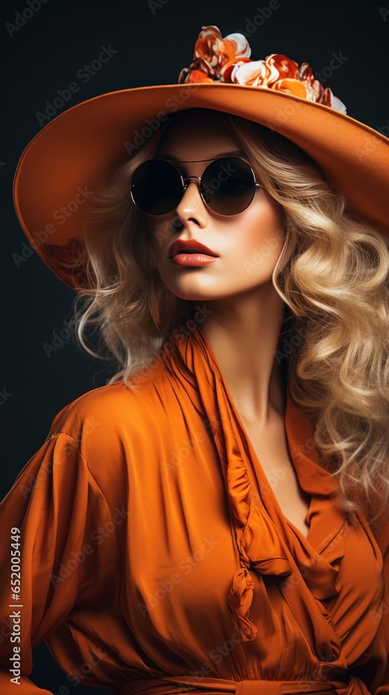 Fashionable woman in oversized hat and sunglasses