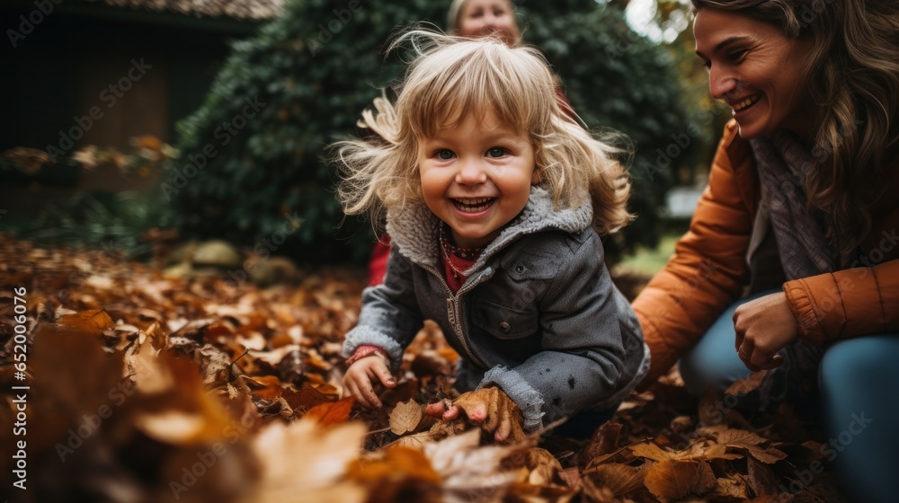 Family playing in leaves in backyard