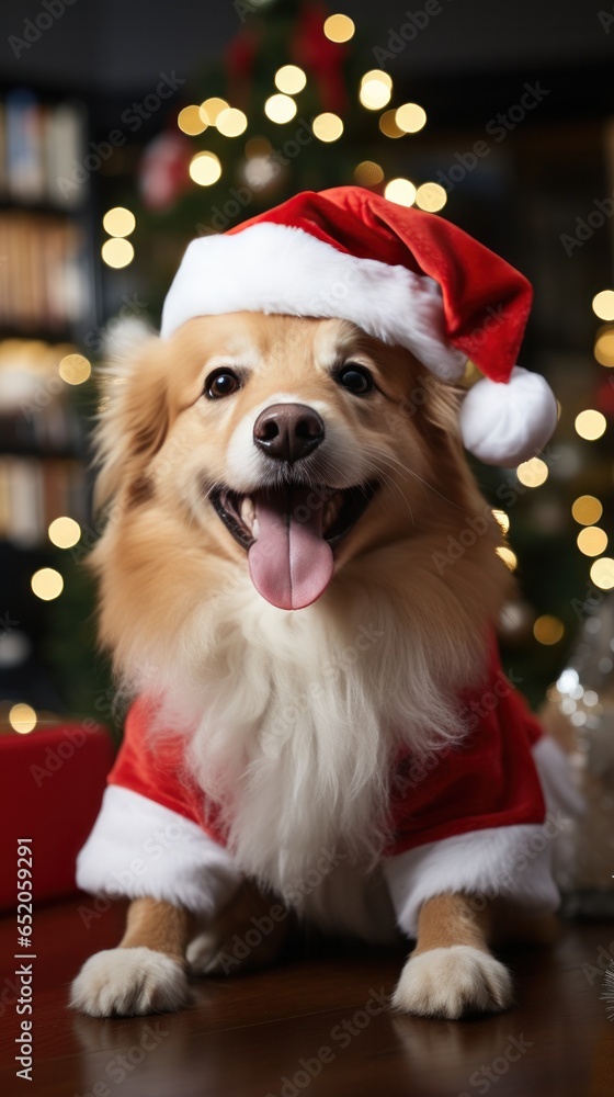 Happy dog posing in a Santa hat with his owner