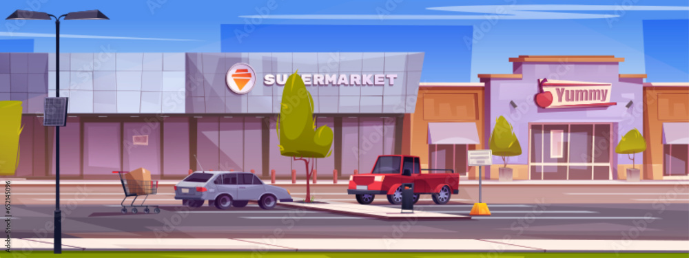Grocery supermarket building with parking cartoon vector illustration. Outside retail store car lot. Commercial storefront with entrance on street. Outdoor business estate on road urban architecture