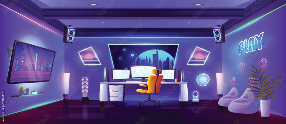 Night gamer room with neon screen and computer vector background. Video game stream office with light and purple interior illustration. Living lounge with console, joystick and playing setup.