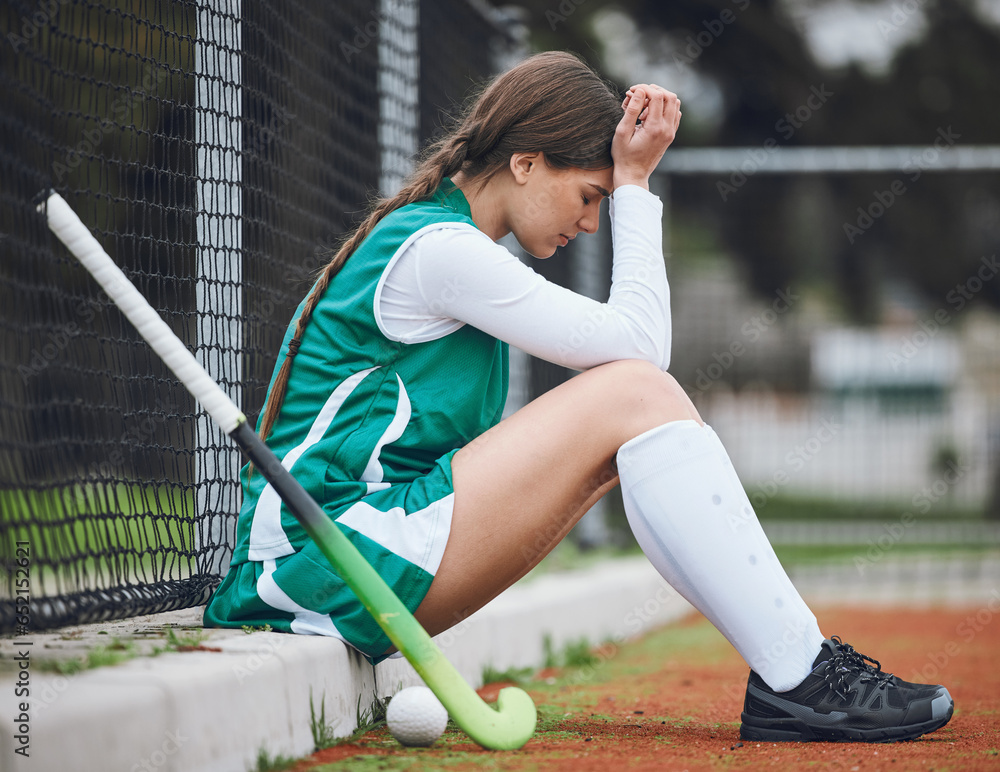 Player, headache and woman with burnout, hockey and anxiety with fitness, mistake and depression. Person, athlete and girl outdoor, migraine and stress with mental health, lose and sports with injury