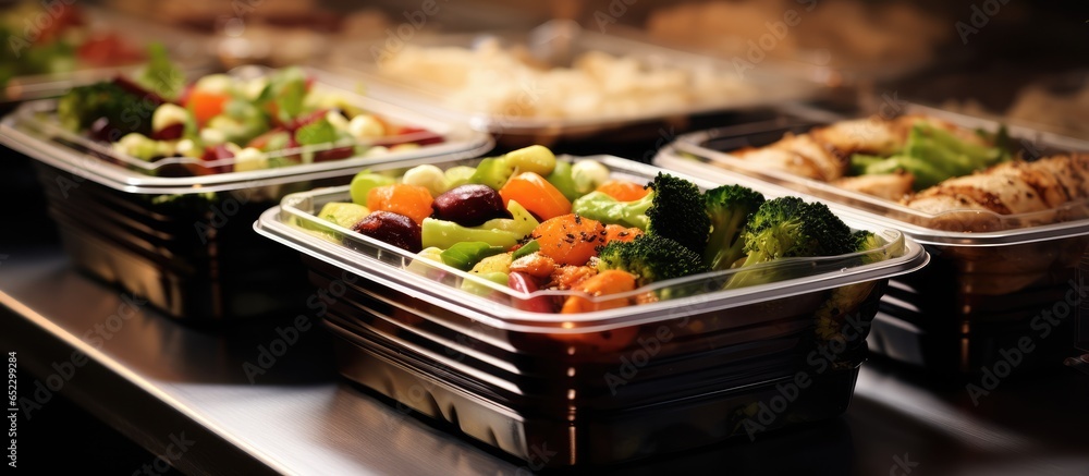 To go plastic containers hold many prepared entrees ready for takeout in a restaurant