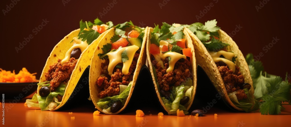 Three vegan meat tacos with coriander on an orange background viewed from the front